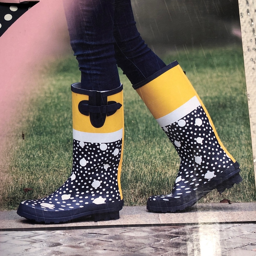 Serra Yellow & Navy blue Polka Dot Ladies' Rain rubber Boots